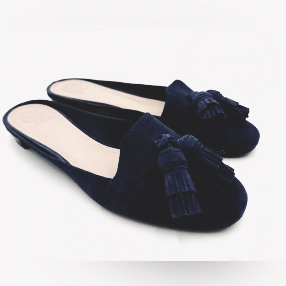 Tory Burch Salinas Tassel Mule Black Suede Slide Size 9